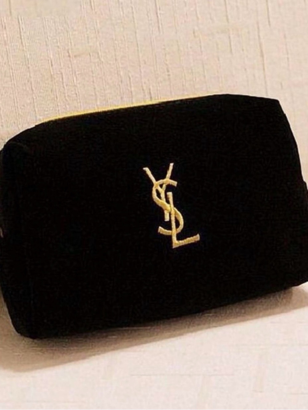 YSL Beauty GWP Black Velvet Toiletry Pouch with Gold Monogram
